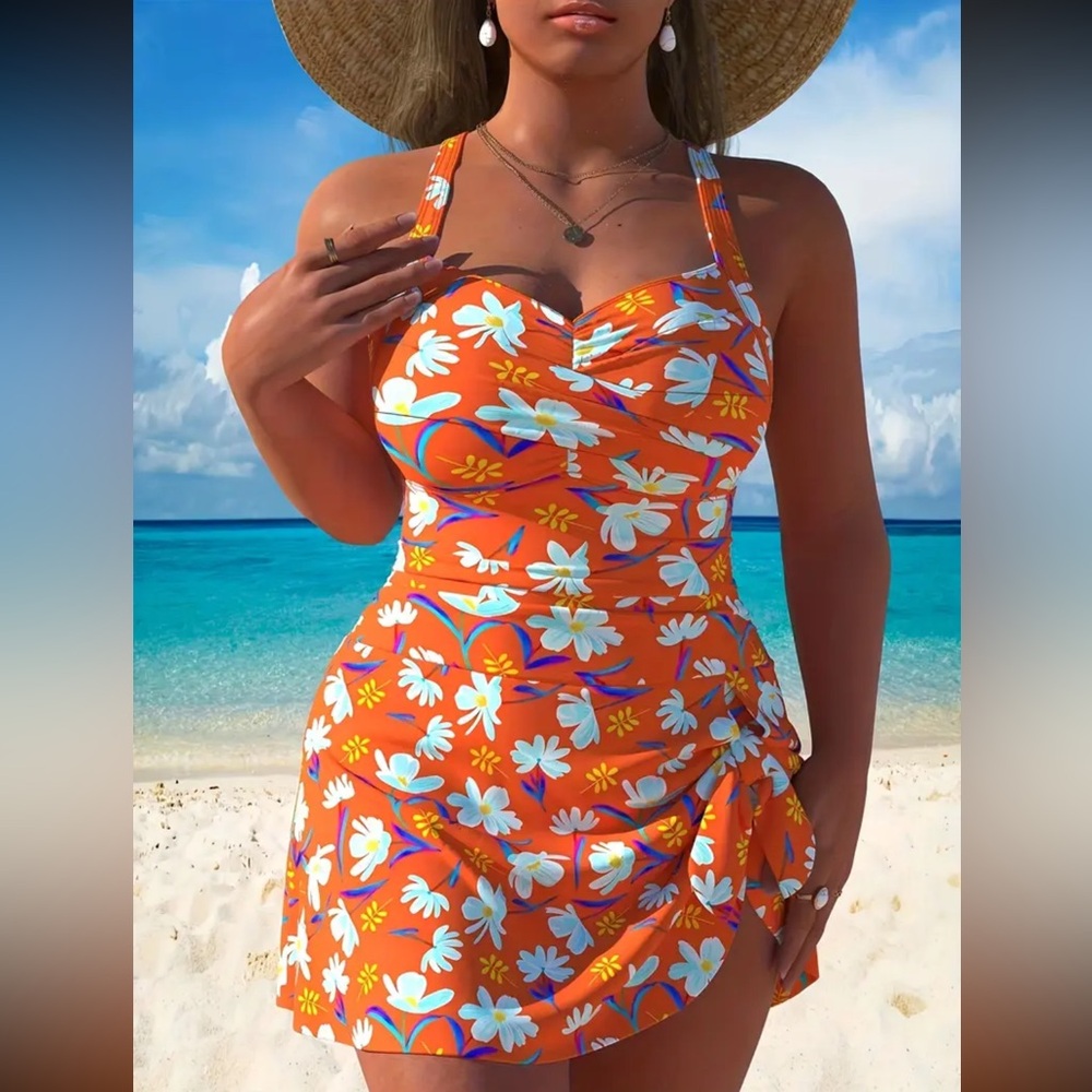 NEW 1 Piece Swim dress, orange floral #SW-D1-0109